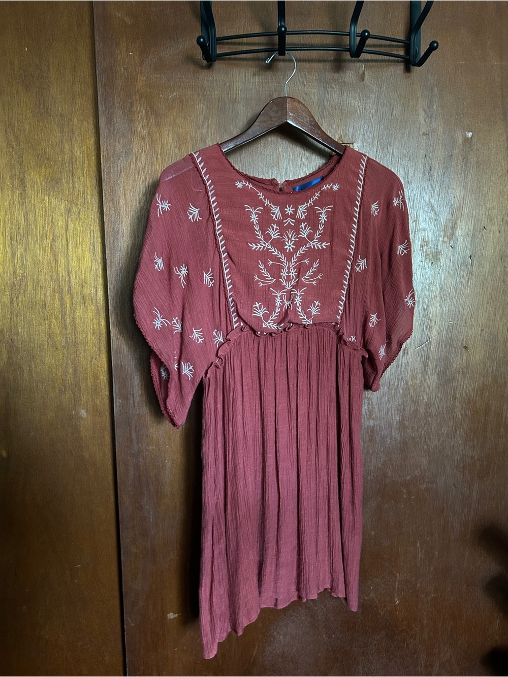 Embroidered Rust Peasant Mini Dress with butterfly flowing sleeves